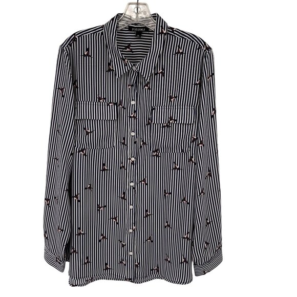 Roz & Ali Womens Button-Up Striped Blouse humming bird Print blue size XL - Picture 1 of 14
